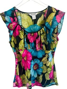 Allison Taylor Black Floral Flutter Sleeve Blouse with Pink & Teal Blooms Top